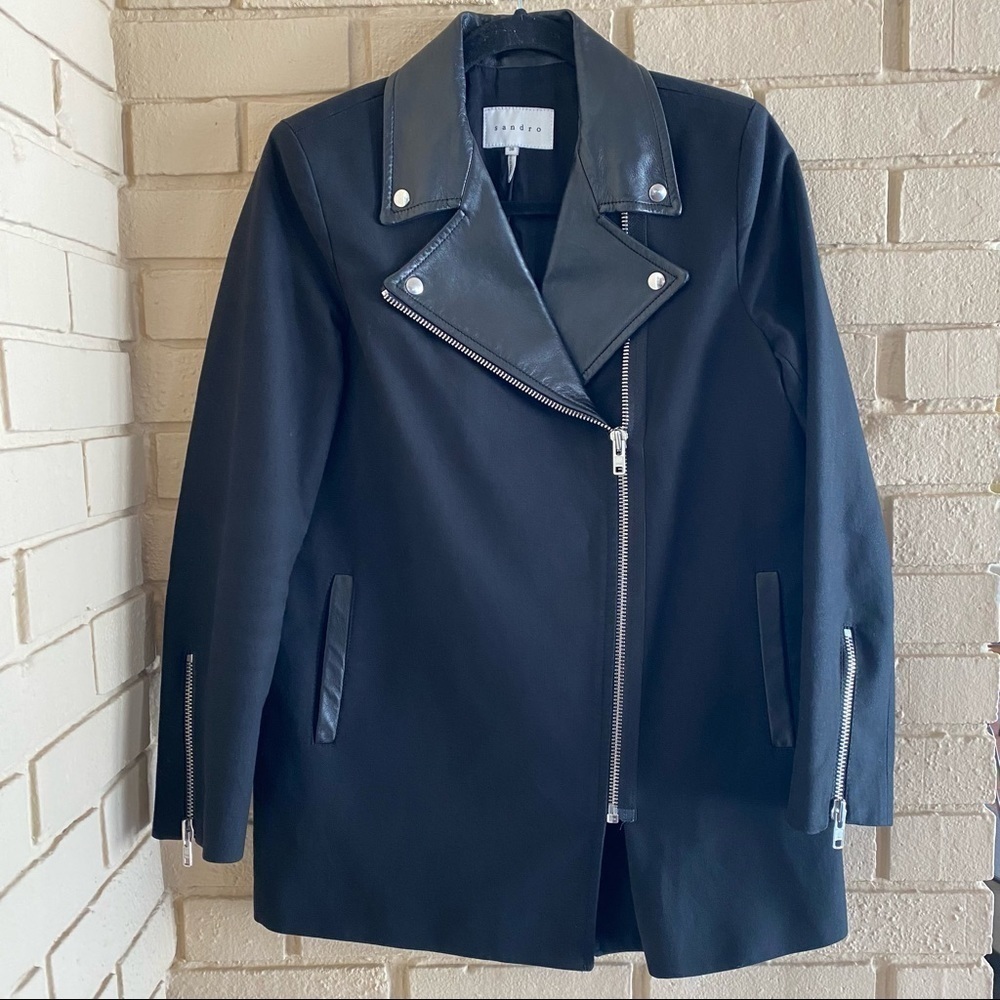 SANDRO Paris Zipped Biker Moto Lamb Leather  / Cotton Jacket Size 38  US 6 8